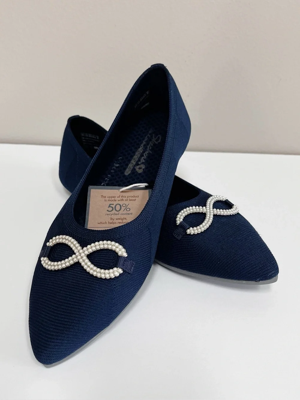 Skechers Cleo Pointed Toe Recycled Knit Pearl Bow Skimmers Flats Navy Size 9.5